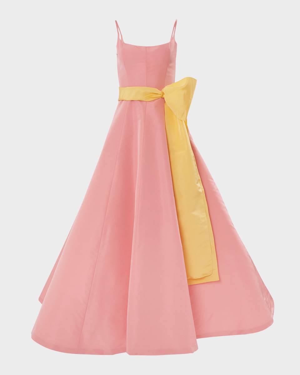Scoop-Neck Waist-Sash Sleeveless Full Gown